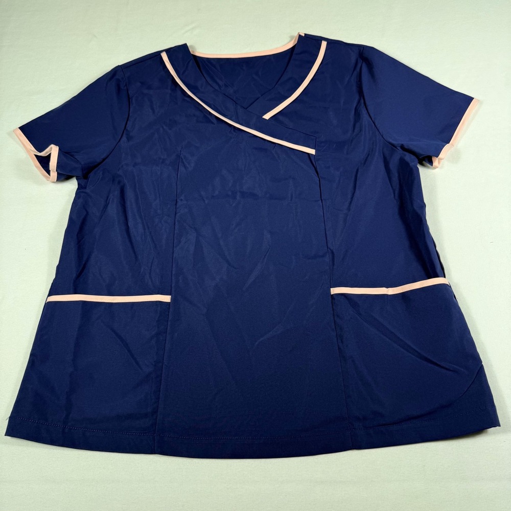 Scrub Top Large Navy Blue Pink Trim Mock Wrap V-Neck Short Sleeve Pockets